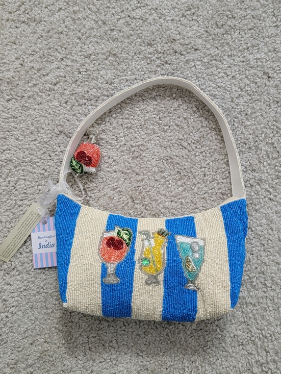 Handbags - NWT Blue and Cream Striped Beaded Cocktail Shoulder Bag